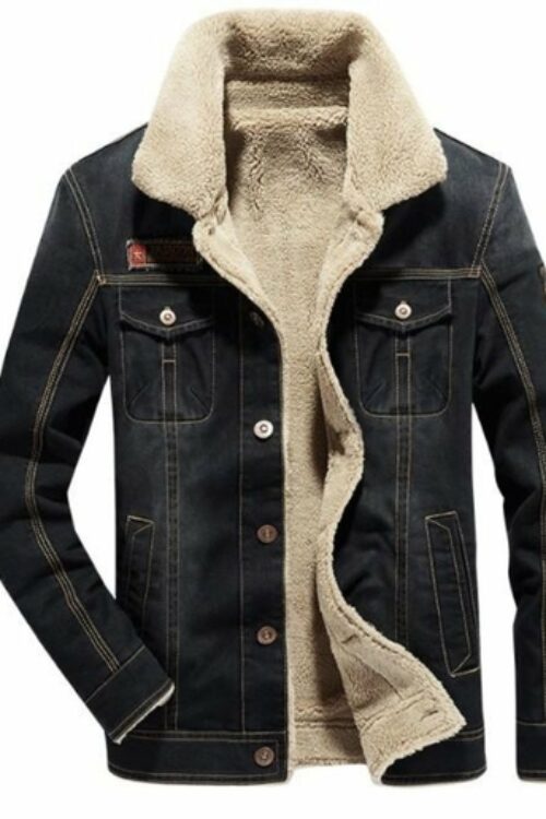 Mens Denim Jean Jacket in Black with Inner Faux Fur