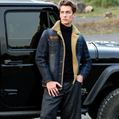 Mens Denim Jean Jacket in Black with Inner Faux Fur - Image 6