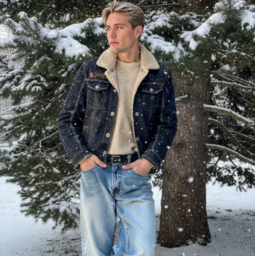 Mens Denim Jean Jacket in Black with Inner Faux Fur - Image 4