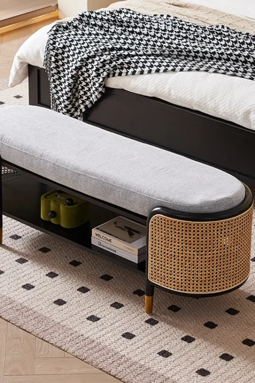 Solid Wood Rattan Shoe Changing Stool,Living Room Fabric Sofa Stool,Modern and Simple Lobby, Light Luxury Homestay Bed End Stool