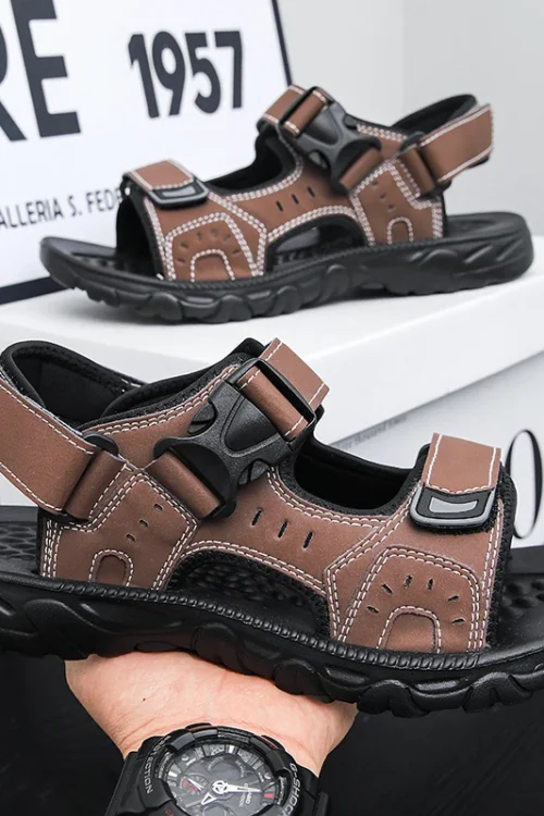 Summer Men Sandals PU Leather Lightweight Open Toe Flat Mens Casual Shoes Outdoor Walking Sandals for Men Beach Shoes Size 39-46