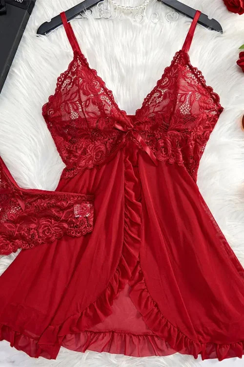 Thin Style G-string Contrast Lace Ruffle Trim Lingerie Set Deep V Slip Dress Thong Women’s Sexy Lingerie Lencería Mujeres