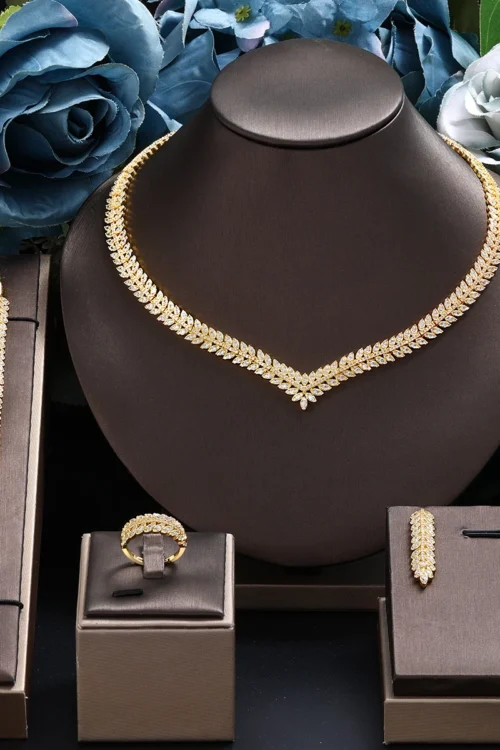 Fashion Gold Plated Dubai Jewelry Set For Women Party Gift Simply UAE Wedding Bridal 4PCS Jewelry Cubic Zirconia