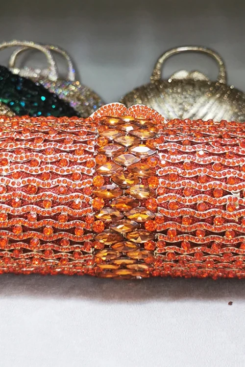 Orange Evening Bags Purses Cylindrical Shape Sliver/ Gold Wedding Bridal Purses Women’s Diamond Bag Formal Rhinestone Clutches