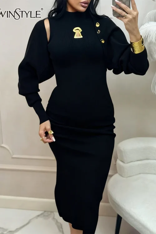 TWOTWINSTYLE Solid Spliced Shawl Chic Dress Female Turtleneck Sleeveless Slimming Elegant Streetwear Women’s Dresses Fashion New