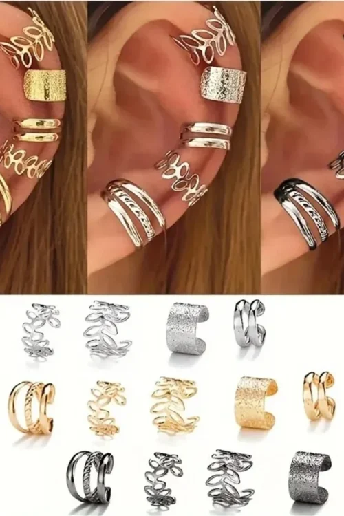 5/15Pcs Set Of Hollow Leaf Design Clip On Earrings,Zinc Alloy Jewelry Simple Sweet Personality Style Female Ear Decor Gift