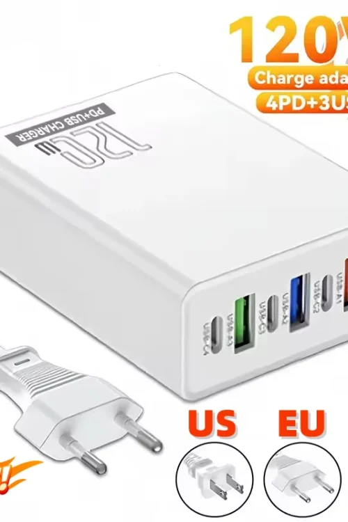 120W Charging Head 7 Ports 3USB+4PD Fast Charging Phone Charger Head 5V4A US/EU/UK Standard Charger for Mobile Phones