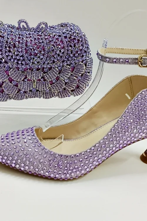 INSIGHTLINK Women’s Lavender Rhinestones high heeled Shoes With Clutch Bag Crystal high-heeled Stiletto sandals Wedding shoes
