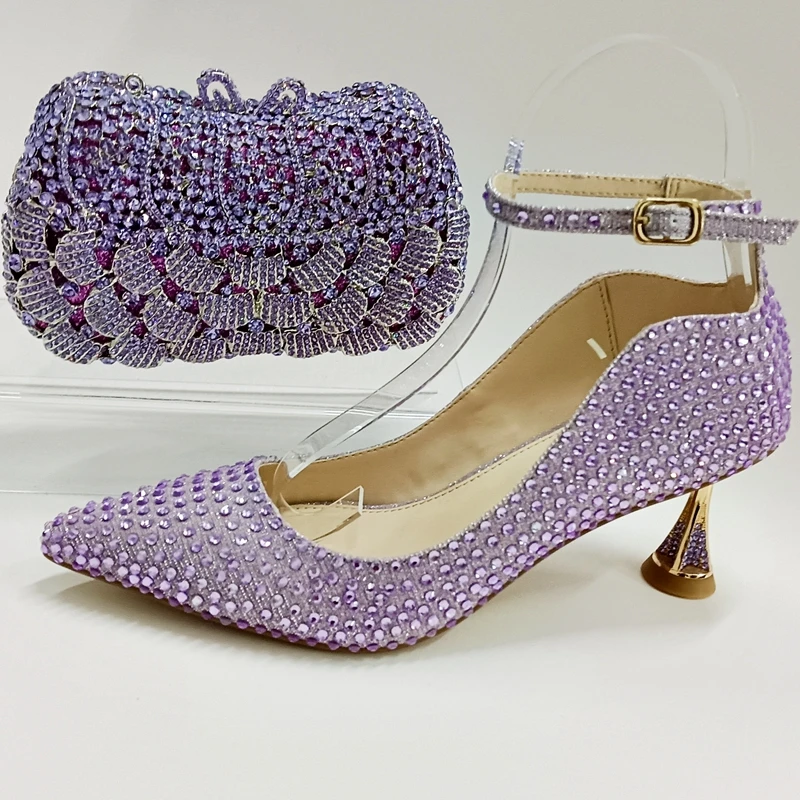 INSIGHTLINK Women's Lavender Rhinestones high heeled Shoes With Clutch Bag Crystal high-heeled Stiletto sandals Wedding shoes