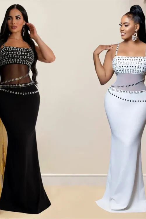 Fashion Women’s Hot Diamond Mesh Dresses Summer New Sexy Transparent Lace Party Elegant Female Maxi Dress 2025