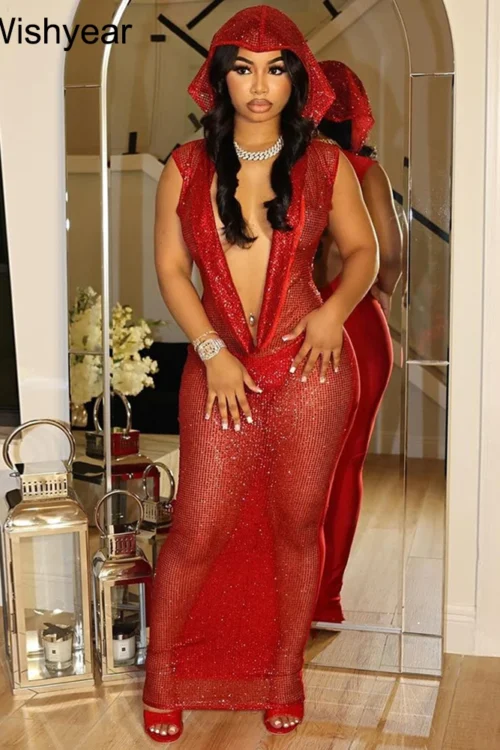 New Luxury Birthday Red Hooded Dress for Women Sexy Deep V Neck Sequins Glitter Mesh See Through Back Open Sparkly Evening Robe