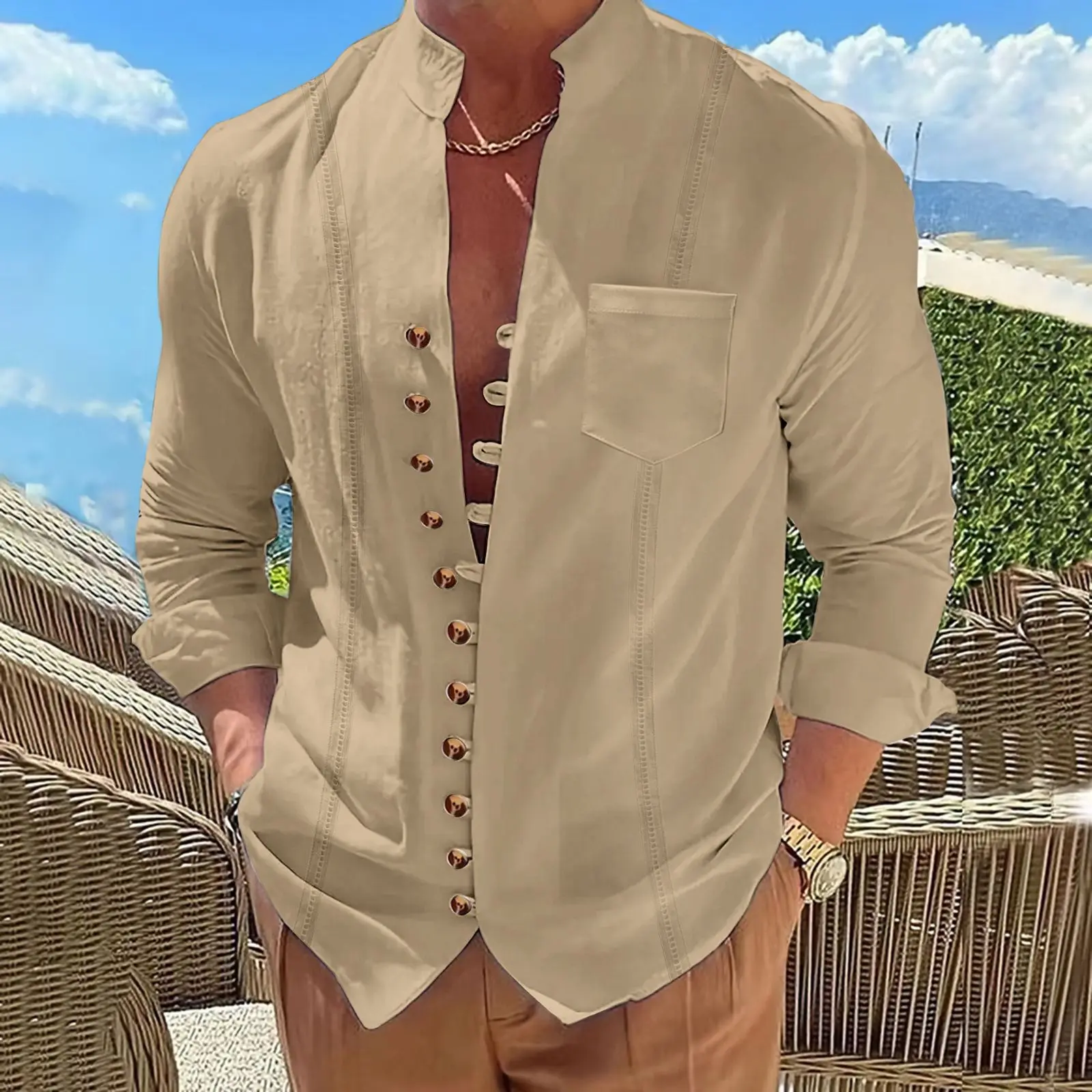 2025 Men's new cotton and linen pocket retro stand-up collar long-sleeved shirt Casual multi-button solid color striped cardigan - Image 4