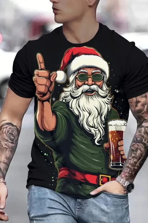 Santa Claus beer printed men’s T-shirt summer casual short sleeved T-shirt, fashionable and fun T-shirt men’s oversized clothing