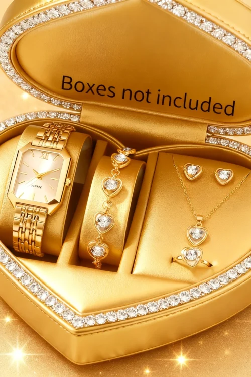 6pcs Elegant Women Quartz Watch Rectangle Dial Ladies Wristwatch with Heart Pendant Jewelry Set Reloj Mujer（Without Box）