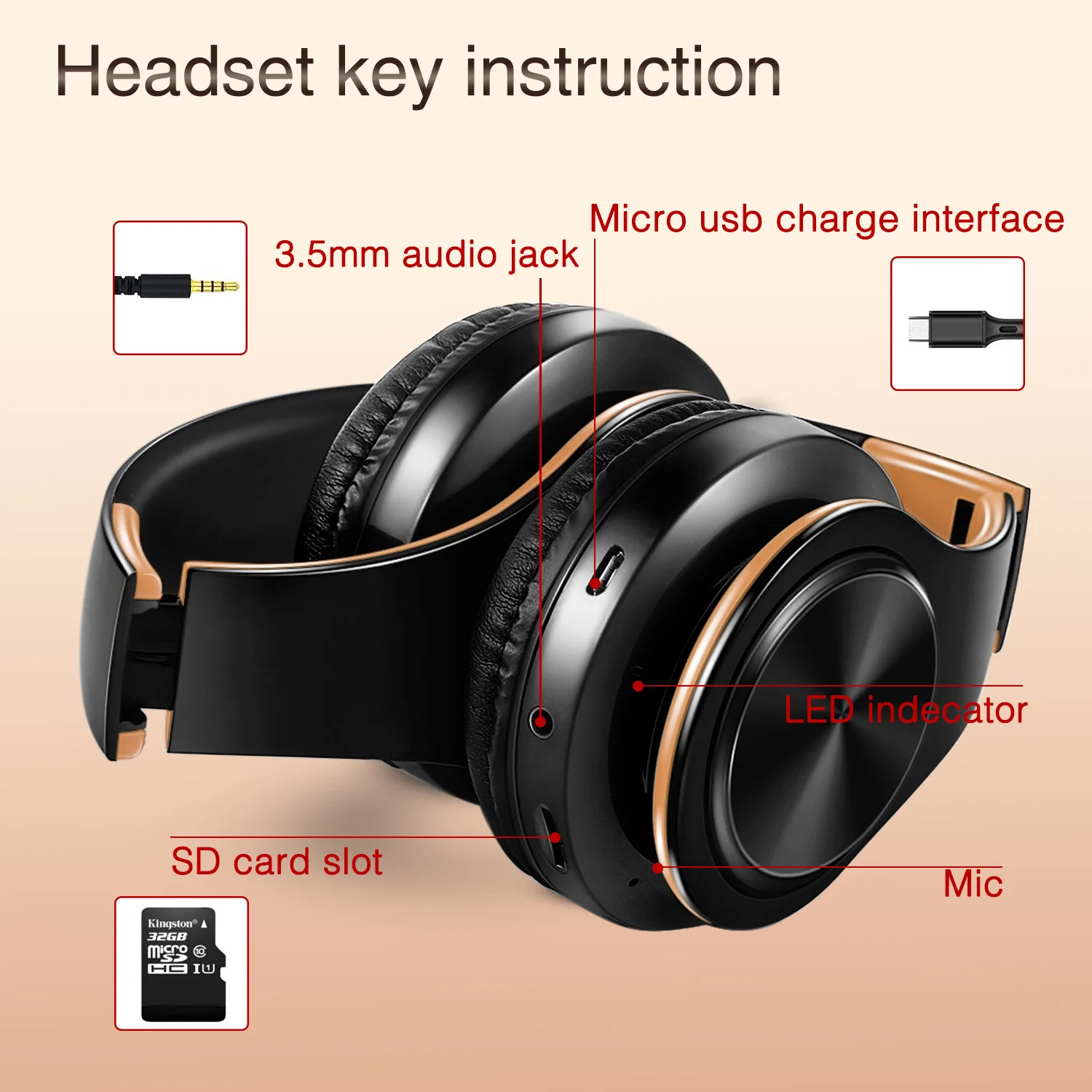 Men Gift Gold Wireless Headphones Bluetooth Earphone Stereo Headset Game with Build-in MIC with Universal for Android and iOS - Image 6