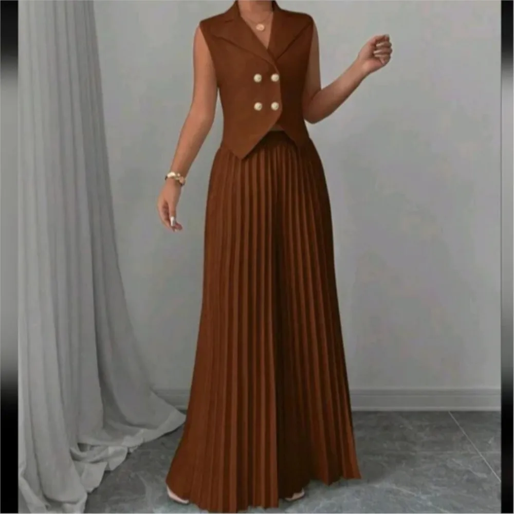 2025 Summer Women's Fashionable Casual Lapel Suit Elegant Commuting Solid Color Sleeveless Top + Trousers Sexy Two-piece Set - Image 6