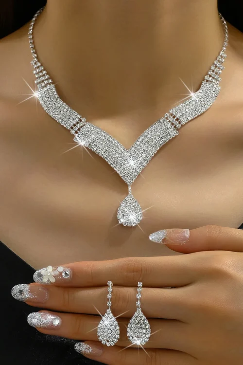 3pcs fashionable rhinestones, water droplets, necklaces, earrings, jewelry sets, women’s wedding accessories