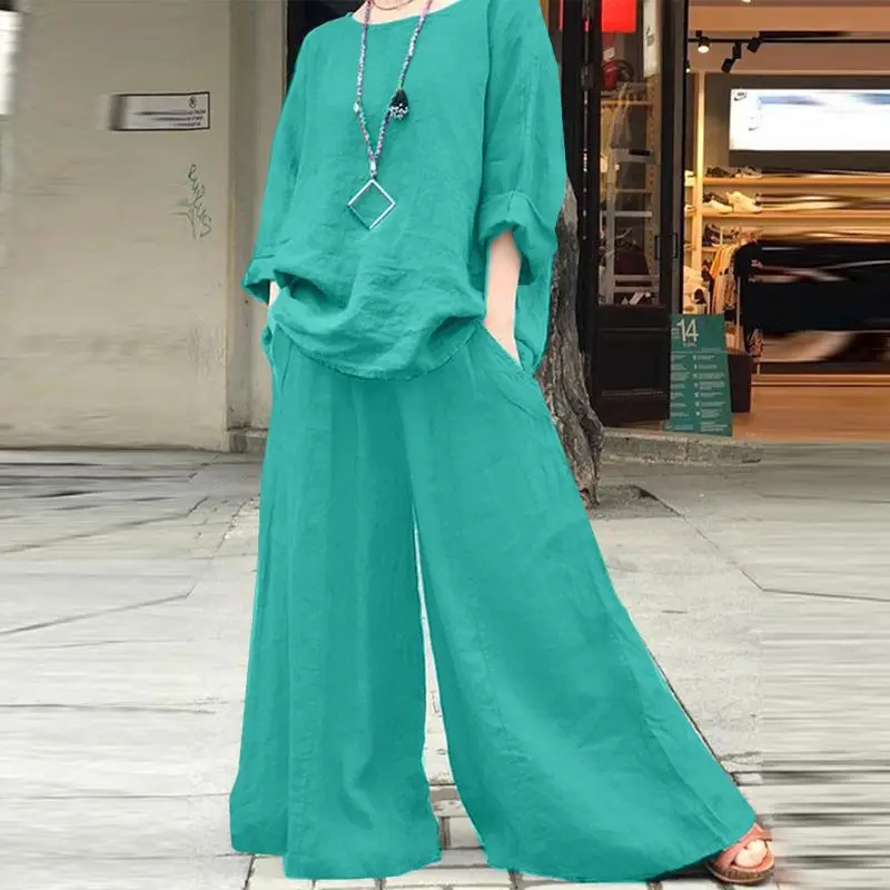 Casual Cotton Linen Set Women's O Neck Long Sleeve Blouses Wide Leg Pants Culottes 2piece Sets Autumn Retro Loose Female Suit - Image 2