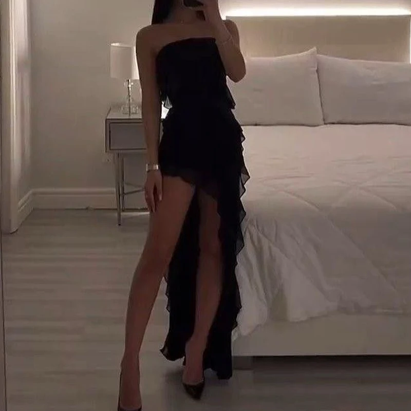 Women Strapless Sexy Floral Fold Hemline High Slit Mini Dress 2024 Solid Backless Sleeveless Black And Pink Party Dress Vestidos - Image 4