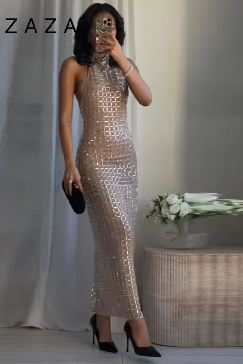 Zaza Chic Elegant Shinny Luxury Party Maxi Dress High Neck Sleeveless Slim Fit Long Robes 2025 New Lady High Street Dresses