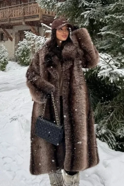 Lapel Long Faux Fur Coat For Women Luxury Solid Full Sleeve Furry Loose Jackets Fashion Ladies Winter Warm High Street Outerwear