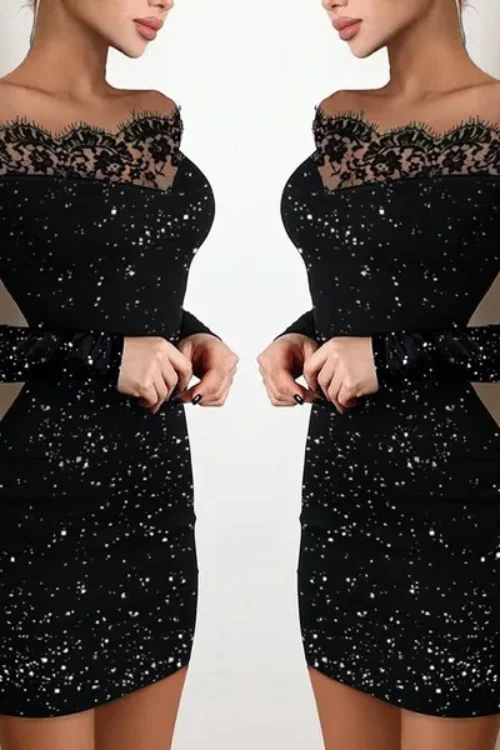2024 New Spring Women’s Fashion, Elegance, Leisure, Sexy Long sleeved Lace Edge, One Shoulder Silver Powder Sprinkled Dress