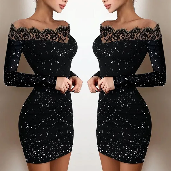 2024 New Spring Women’s Fashion, Elegance, Leisure, Sexy Long sleeved Lace Edge, One Shoulder Silver Powder Sprinkled Dress