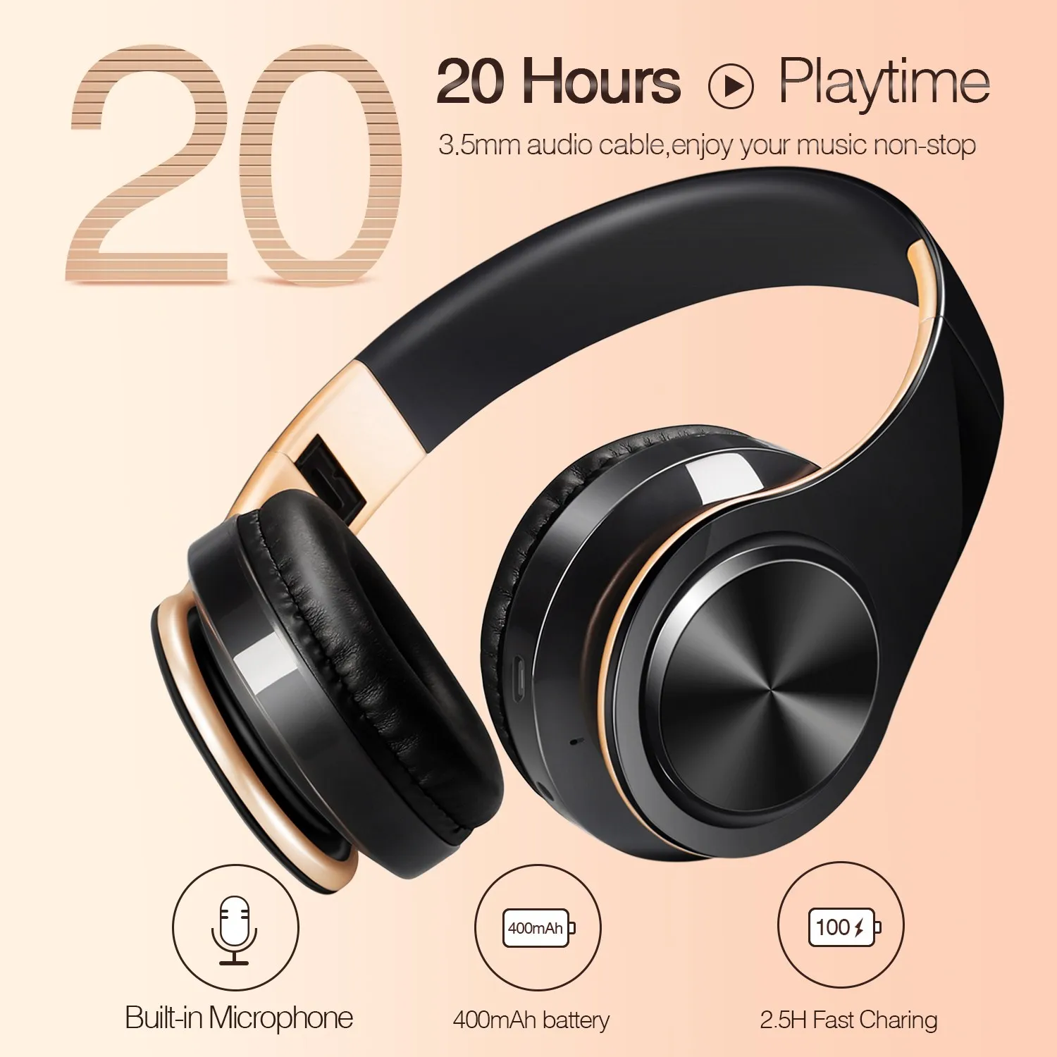 Men Gift Gold Wireless Headphones Bluetooth Earphone Stereo Headset Game with Build-in MIC with Universal for Android and iOS - Image 2
