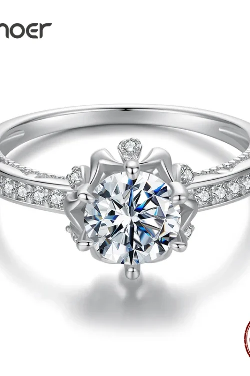 BAMOER D Color VVS1 EX Moissanite Flower Ring 1ct Round Moissanite Diamond Solitaire Engagement 925 Sterling Silver Rings For Wo