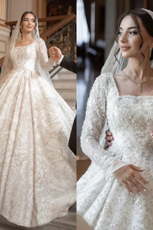 Luxury Long Sleeve Beaded Wedding Dress Elegant Square Collar Sparkling A-line Bridal Ball Dress Customized Tank Top