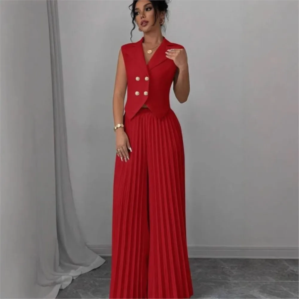 2025 Summer Women's Fashionable Casual Lapel Suit Elegant Commuting Solid Color Sleeveless Top + Trousers Sexy Two-piece Set