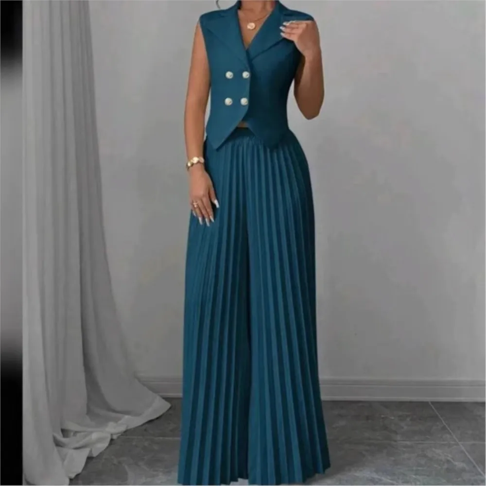 2025 Summer Women's Fashionable Casual Lapel Suit Elegant Commuting Solid Color Sleeveless Top + Trousers Sexy Two-piece Set - Image 5
