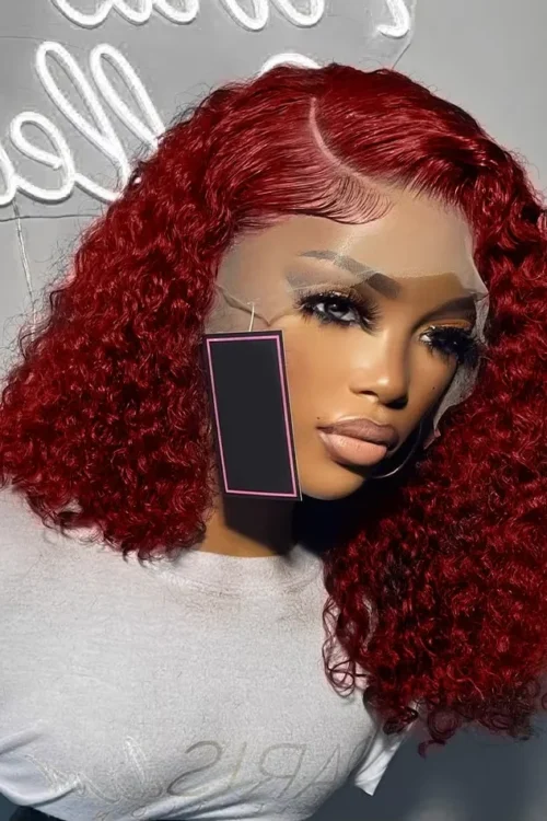 200% Density 99J Burgundy Short Deep Water Wave 13×4 Lace burgundy HD lace deep wave short bob wigs human hair wigs 16 inches
