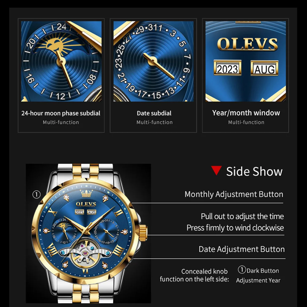 OLEVS Skeleton Multifunctional Men's Watch Automatic Mechanical Luxury Wrist Watch For Men Waterproof Stainless Steel Strap 6691 - Image 5
