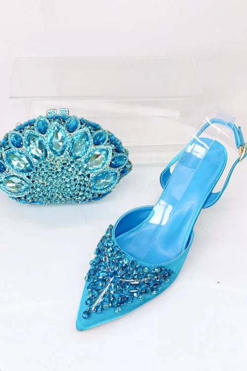 INSIGHTLINK Sky blue/Green/Gold/Purple Rhinestones High Heels Sandals With Clutch Bags For Wedding Party Lady Shoes And Bag Set