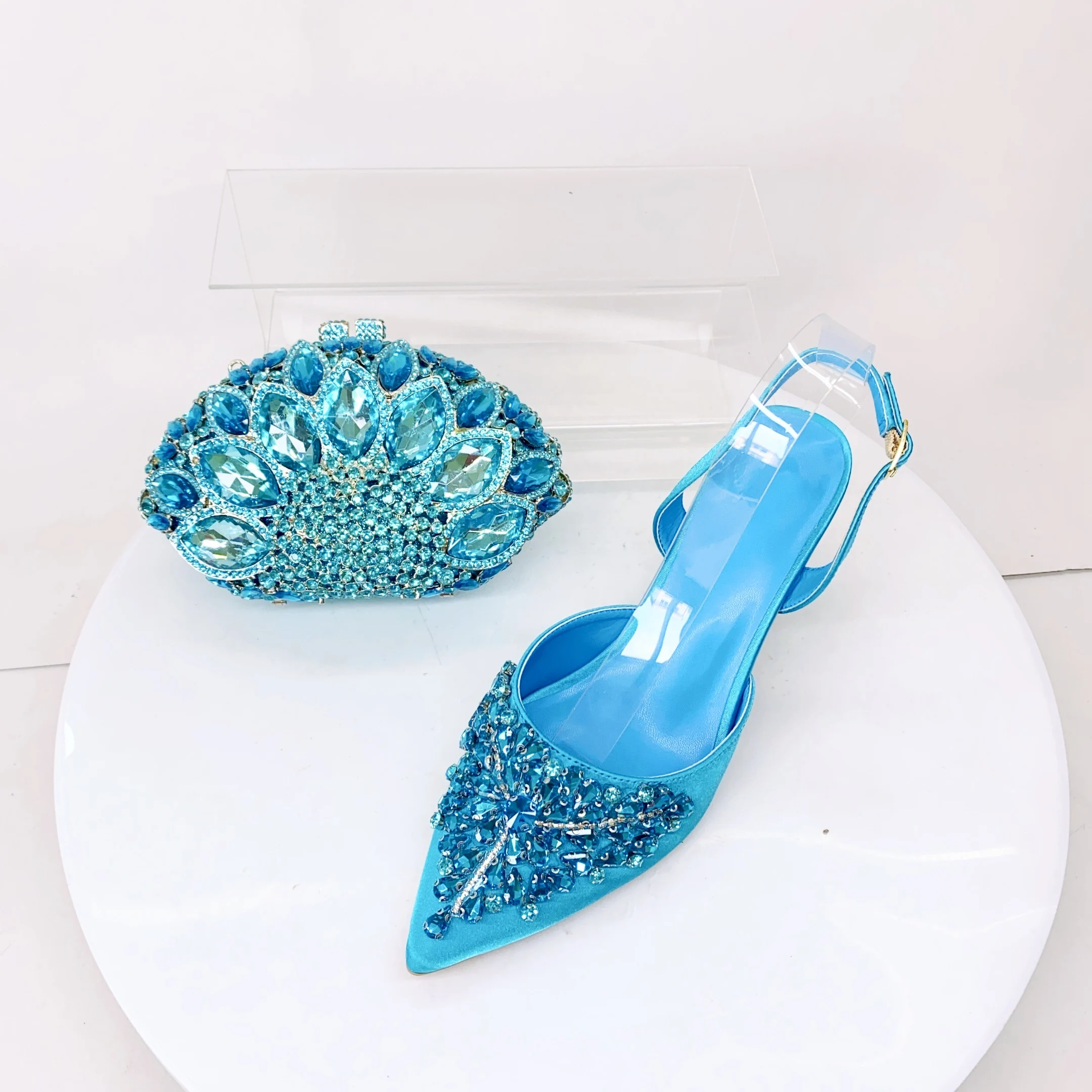 INSIGHTLINK Sky blue/Green/Gold/Purple Rhinestones High Heels Sandals With Clutch Bags For Wedding Party Lady Shoes And Bag Set