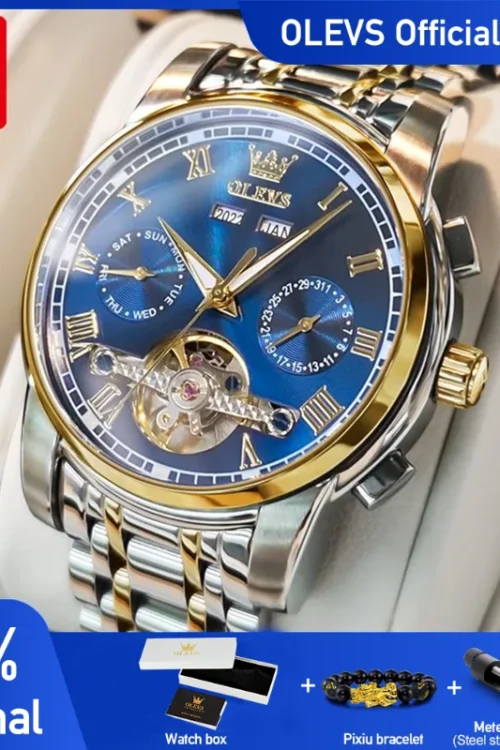 OLEVS Men’s Watches Automatic Mechanical Business Wristwatch Waterproof Stainless Steel Strap Watch for Man Skeleton Calendar