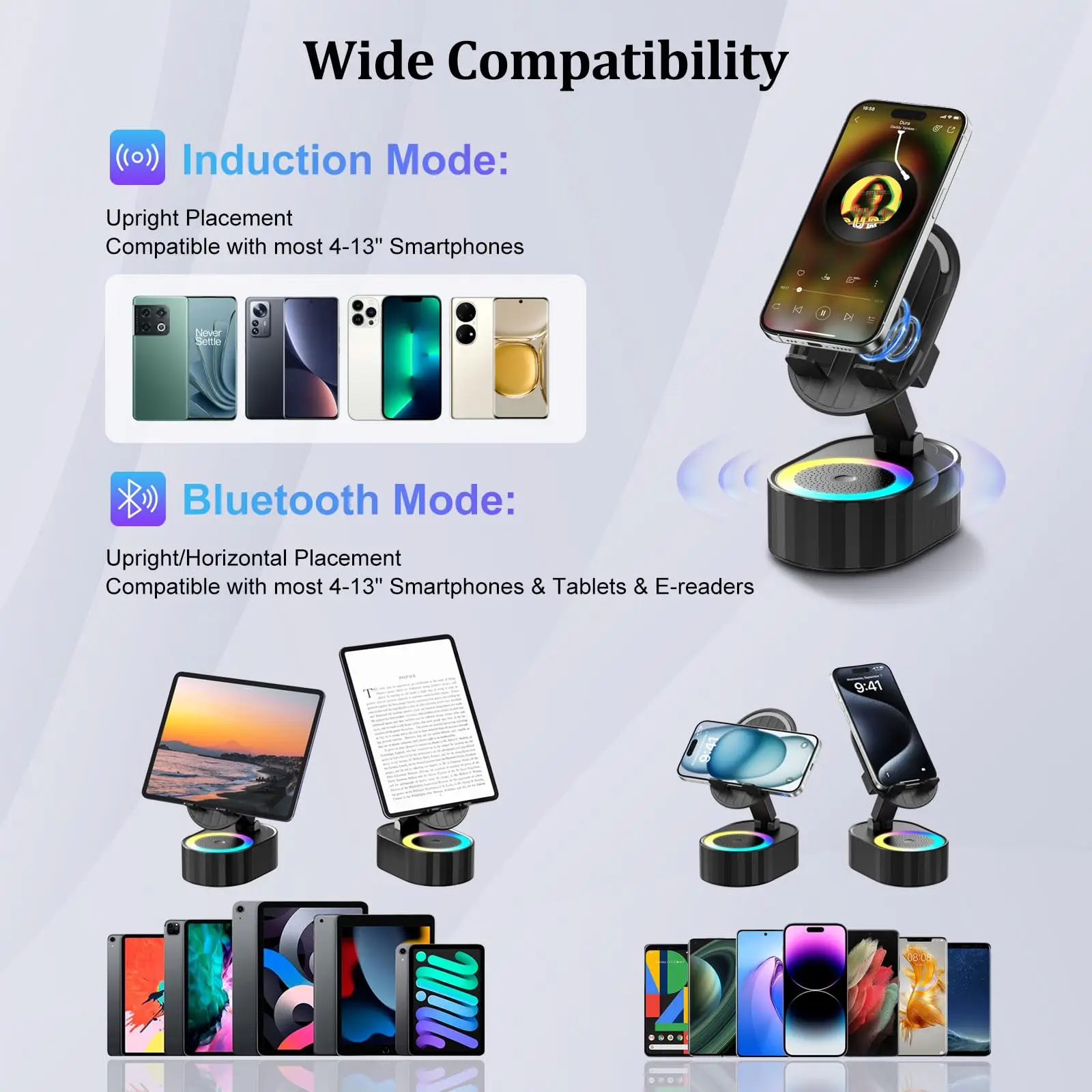 Portable Smart Induction Speaker Mobile Phone Holder Adjustable RGB Light Wireless Bluetooth Speaker Phone Reverse Charging - Image 6
