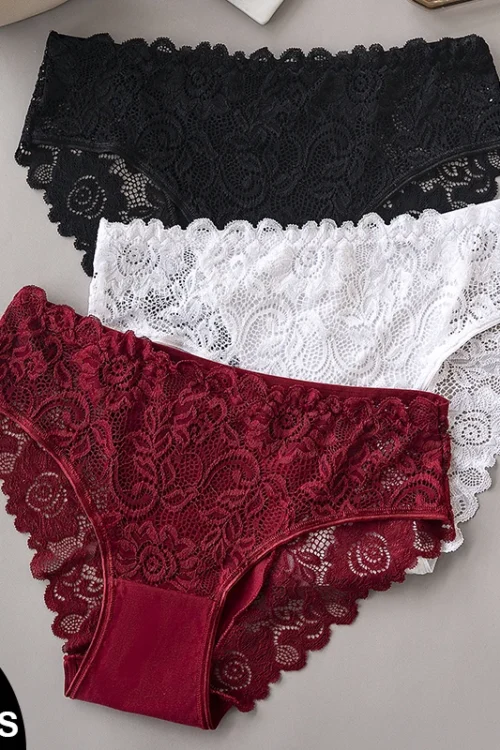 3PCS/Set Luxury Floral Embroidery Lace Panties Women Briefs Sexy Hollow Lingerie Female Underwear Ladies Breathable Underpants