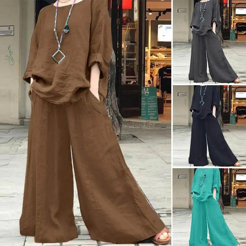 Casual Cotton Linen Set Women's O Neck Long Sleeve Blouses Wide Leg Pants Culottes 2piece Sets Autumn Retro Loose Female Suit - Image 5