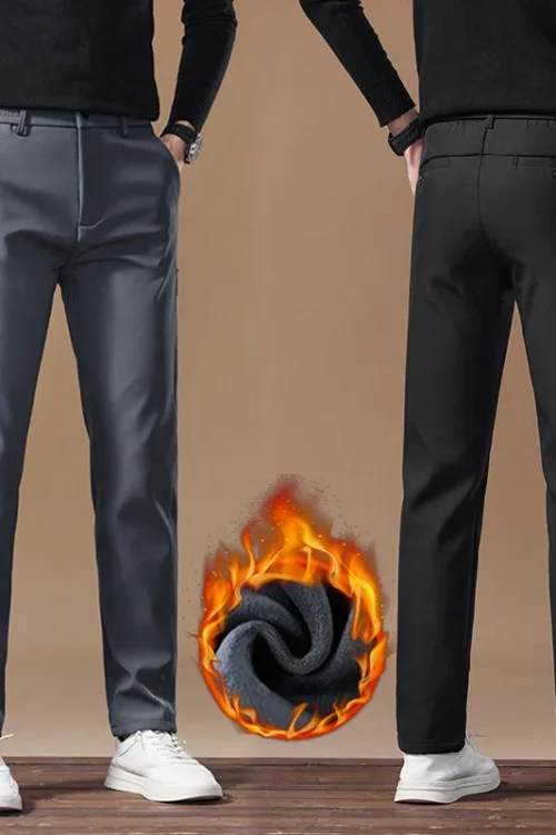 Winter Warm Fleece Casual Pants Men Slim Grey Black Korea Work Elastic Waistband Classic Outdoors Trousers Male 28-38