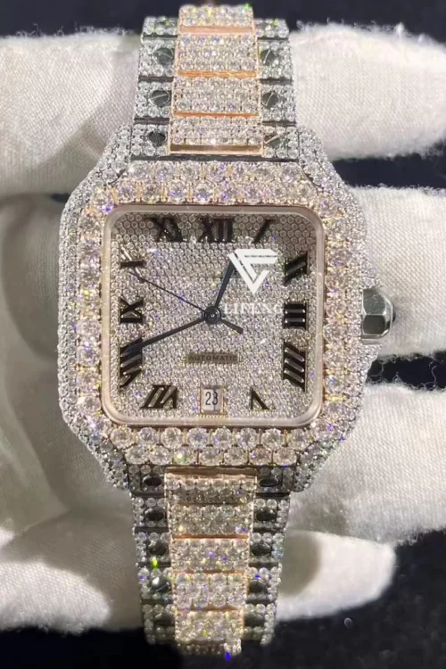 40mm Two tone Stainless Steel Silica Watch Half Body, Iced Men’s Luxury Square Diamond Hiphop Automatic Machine Watch