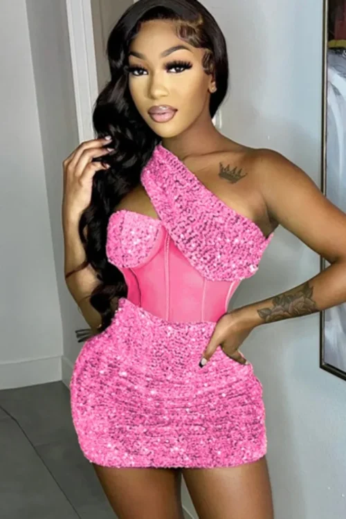 HLJ Fashion Sequin Splicing Hollow One Shoulder Party Club Mini Dresses Women Sleeveless Backless Slim Vestidos Sexy Clothing