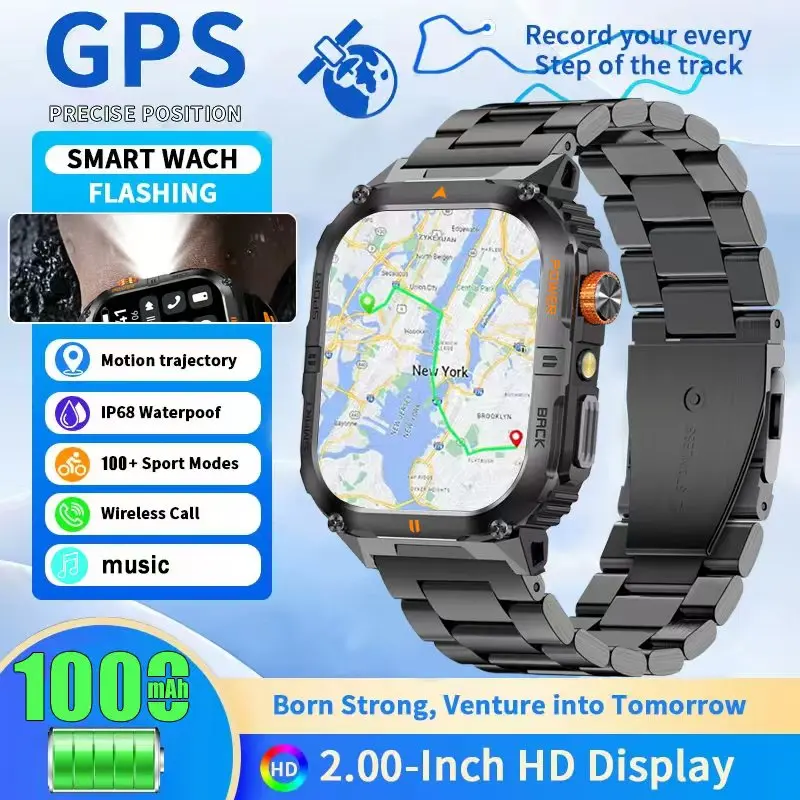 2025 New Military SmartWatch Men Waterproof Outdoor Sports GPS Tracker LED Bluetooth Call health monitoring Men For Xiaomi gifts