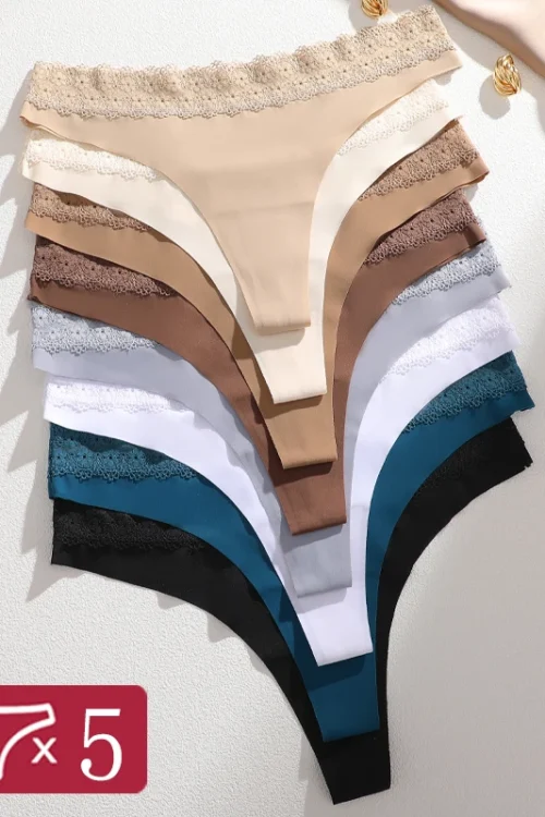 5Pcs/Set Sexy Lace Trim Traceless Thongs For Women Seamless Solid Color Breathable G-strings Female Elastic Intimates Lingerie