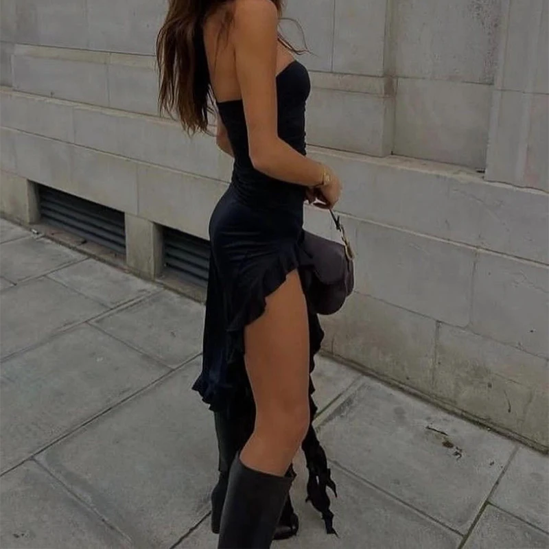 Women Strapless Sexy Floral Fold Hemline High Slit Mini Dress 2024 Solid Backless Sleeveless Black And Pink Party Dress Vestidos - Image 3