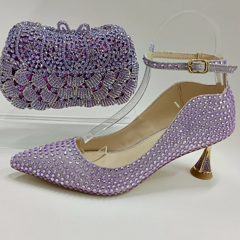 INSIGHTLINK Women's Lavender Rhinestones high heeled Shoes With Clutch Bag Crystal high-heeled Stiletto sandals Wedding shoes - Image 2