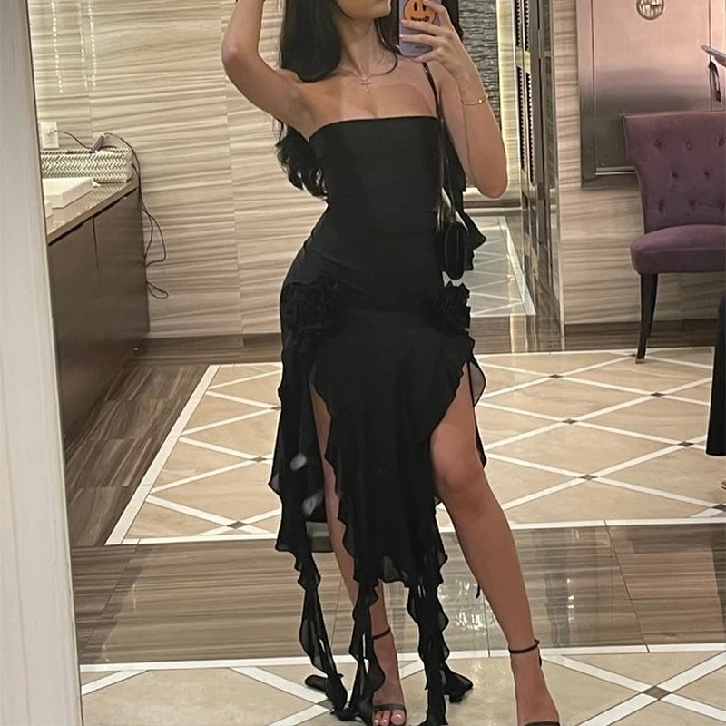 Women Strapless Sexy Floral Fold Hemline High Slit Mini Dress 2024 Solid Backless Sleeveless Black And Pink Party Dress Vestidos - Image 2