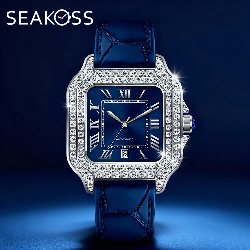 SEAKOSS 40mm Diamond Wristwatch Luxury Women Watch Moissanite Wristwatch Hip Hop Iced Out Automatic Mechanical Watches for Men 