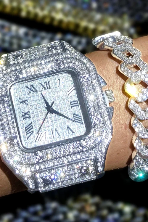 Luxury Moissanite Iced Out Watches Hip Hop Bust Down Unisex Diamond Watch, Stainless Steel Moissanite Studded Wrist Watch